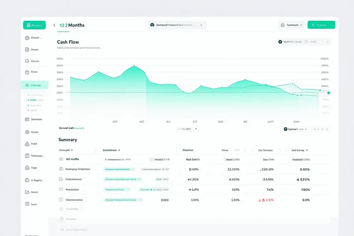 Fintower cash flow intelligence module showing a 12-month chart with AI forecast