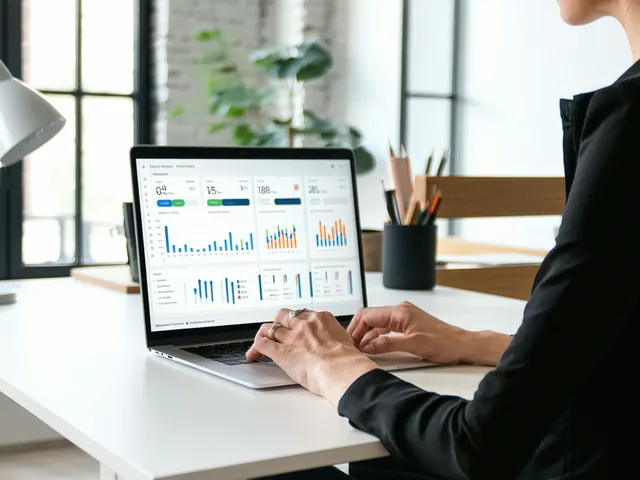 Finance team member reviewing financial dashboard on a laptop in a modern office