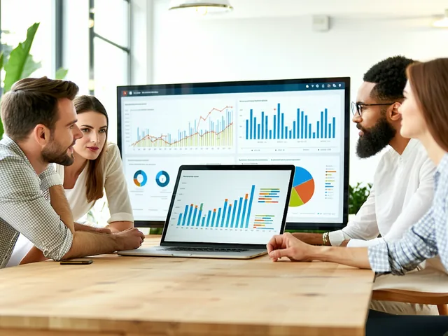 Small finance team in a meeting reviewing financial charts on a screen